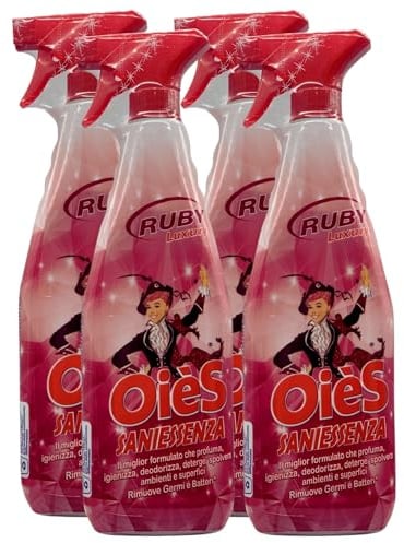 Detergente Spray Sanissenza, Il Miglior Formulato Che Profuma, Igienizza e Spolvera Ambienti e Superfici. Rimuove Germi e Batteri. Disponibile In Varie Profumazioni 750ml (4 Spray, RUBY Luxury)