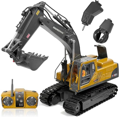 kolegend 3-in-1 Ferngesteuerter Bagger, 14-Kanal-RC-Bagger für Erwachsene mit Schaufel/Klaue/Bohrer, 2,4 GHz, voll funktionsfähiges Baufahrzeug-Spielzeug, Geschenk für Erwachsene