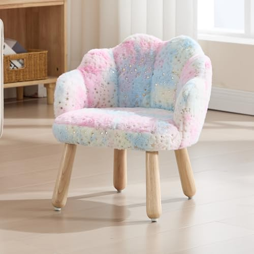 DAYALANE Kindersessel Kunstfell, Blütenförmiger Kinderstuhl, Bunt | Sessel Kinderzimmer, Kindercouch mit Armlehne & Holzbeinen, Kindersofa für Kinderzimmer Spielzimmer