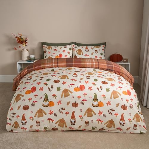 OHS Autumn Single Duvet Cover Set, Ultra Soft Warm Cosy Stylish Autumnal Novelty Halloween Bedding Luxurious Tartan Check Quilt Duvet Cover Single with Pillowcase, Cream/Rust