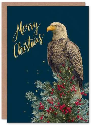 Artery8 Christmas Card Bald Eagle Bird on Top of Holly and Fir Tree