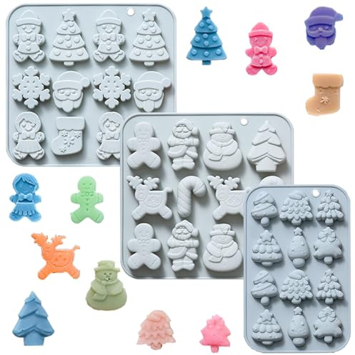 QUNXON Silikonform Weihnachten, 3 Stück Silikonform Tannenbaum, Weihnachtsmann, Lebkuchenmann, Schneemann, Silikonformen Gießformen Weihnachten für Kekse, Süßigkeiten, Schokolade, Seife, Kerzen (Blau)