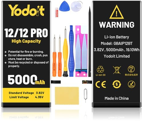 Yodoit Batteria da 5000 mAh per iPhone 12/12 Pro, alta capacità, batteria di ricambio, 0 cicli, con kit completo di riparazione, compatibile con A2172, A2402, A2404, A2403, A2341, A2406, A2408, A2407
