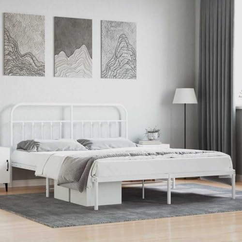 QJBSAVVA Metall Bettgestell 160x200 Weiß mit Kopfteil Lattenrost & Stauraum Robuste Stahlrahmen Klassisches Design für Schlafzimmer Jugendzimmer Doppelbett Komplettset Ohne Matratze