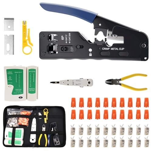 RUIZHI 44pcs Netzwerk Werkzeug Set, RJ45 Crimpzange Set mit 20 x Vergoldete RJ45 Stecker Cat7/Cat6a Pass Through, Netzwerktester, Abisolierzange