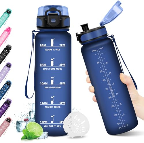 JAPORIA Gourde 1L Spor, Gourde Motivation 1L, Étanche & Réutilisable, avec Filtre et Marqueur de Temps, sans BPA, pour Adulte, Cyclisme, Bureau, l'école, Camping