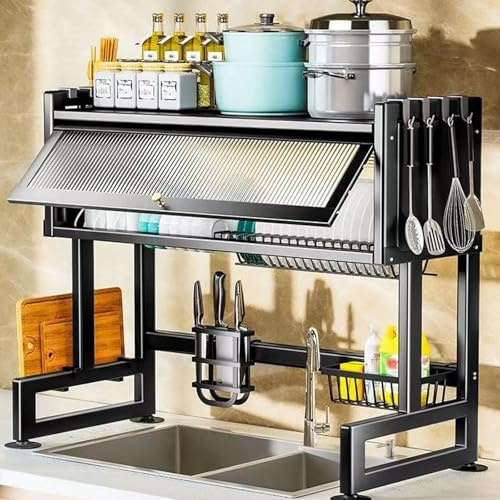 HechoVinen Escurreplatos sobre Fregadero, Escurridor de Platos | Gran capacidad con tapa, Estante para fregadero de cocina con soporte para utensilios, escurreplatos con cesta colgante