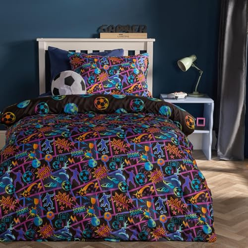 OHS Football Comic Boys Bedding Double Quilt Cover, Football Gifts for Boys Super Soft Cosy Warm Microfibre Polyester Kids Double Duvet Set Reversible Black Kids Bedding with Pillowcases, Multi