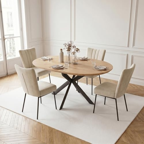 JIEXI Ausziehbarer runder Esstisch, dunkle Rhein-Holzmaserung, 110-150 cm, ausziehbar, Metallbeine, MDF-Tischplatte (Holzfarben Esstisch 110–150cm+ 4 beige Dicke Esszimmerstühle)