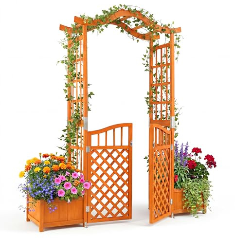 GYMAX Arco Jardin Exterior con Puerta y 2 Jardineras, 210 cm Pérgola de Jardín de Madera con Orificios de Drenaje, Enrejado para Rosas, Enredaderas y Plantas Trepadoras, Arco de Boda para Patio