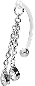 PIERCINGLINE PMFK Bananabell + Chirurgenstahl Design KETTE + 2 KRISTALLTROPFEN Piercing Intimbereich Bauch Silberfarben