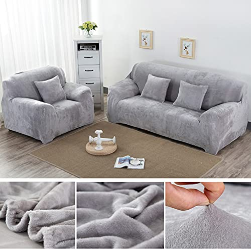Yeahmart Thick Sofa Covers 1/2/3 Seater Pure Color Sofa Protector Velvet Easy Fit Elastic Fabric Stretch Couch Slipcover (Silver Grey, 2 Seater 145-185cm)