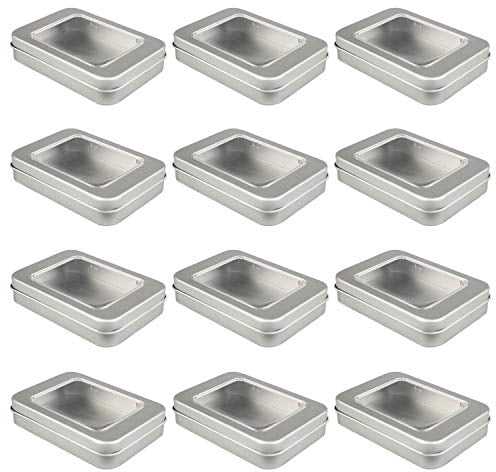 12 Pack Empty Rectangular Metal Storage Organizer Tins with Clear Window Hinged Lids for Candies, Gifts & Treasures (Silver)