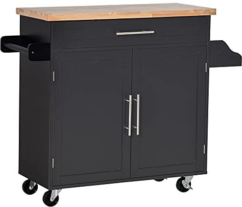 HOMCOM Carrello da Cucina Multiuso con Cassetto, Ruote, Portaspezie e Armadietto, Mobiletto Cucina con Ripiano Regolabile, Portasciugamani e Piano in Legno di Caucciù, 109x40x89 cm, Nero