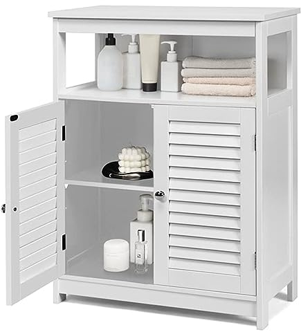 COSTWAY Badezimmerschrank weiß, freistehender Badschrank Aufbewahrungsschrank mit 2 Rollladentüren, Küchenschrank Badkommode Holz für Bad Küche Wohnzimmer (Weiß)