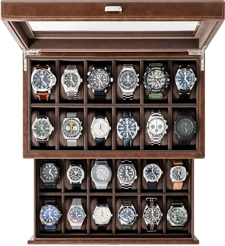 TAWBURY Uhrenbox 24 uhren - Uhren aufbewahrung mit Schublade | Uhrenbox Herren | Braun Extra Großer Uhrenkasten 24 uhren | 24 Watch Box for Men