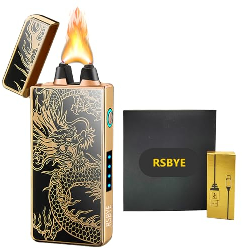 RSBYE Feuerzeug Elektrisch, Elektrisches Feuerzeug mit Verdicktem Lichtbogen, Lichtbogen Feuerzeug USB Aufladbar, Plasma Feuerzeug mit Batterieanzeige, Feuerzeug Personalisiert für Männer (Drachen)