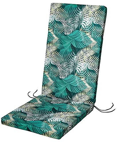 SOFTILLO Waterproof High Back Chair Cushion With Ties - 120x45x4cm - Indoors/Outdoors Patio Seat Pad Cushion For Garden Chairs, Loungers, Recliner, Relaxer - Water-Resistant Material - Palm Leaves