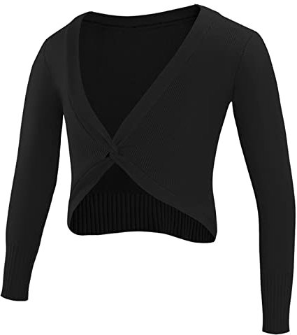 dPois Mädchen Ballettjacke Langarm Wickeljacke Tanz Turnen Gymnastik Strickjacke Oberteil Bolero Tops Kinder Ballettkleidung Schwarz 122-128/7-8 Jahre