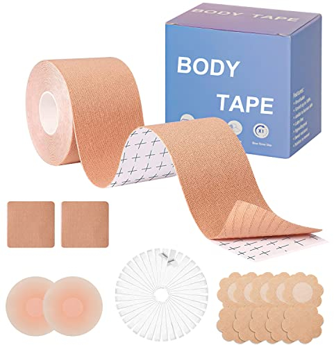 TopBine Klebe BH Boob Tape Bruststraffungsband - Brust Push up Tape mit EIN Paar Unsichtbar Silikon Nippel Cover für A-G Cup Damen - 5cm x 5m