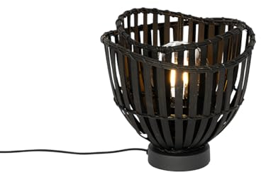Qazqa - Orientalisch Orientalische Nachttischlampe | Tischleuchte I Tischlampe I Lampe I Leuchte Schwarz Bambus 25cm - Pua I Wohnzimmer I Schlafzimmer - Bamboo Rund - LED geeignet E27