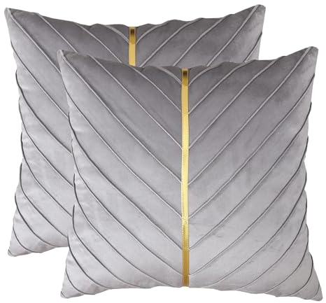 Tosleo 55 x 55 cm Kissenbezüge 2er Set Samt Kissen mit Goldfarbenem Leder Dekokissen Moderne Luxuriös für Sofa Gartenbett Couch Wohnzimmer Sofakissen Bett Grau