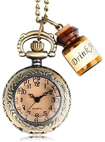 LIDCOM Small Pocket Watch Women Clock Drink Me Necklace Pendant with Bottle Birthday Gifts for Women Girl Watches Drop