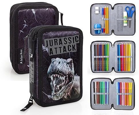 Julian Ross Dinosauro T-Rex Black Astuccio Triplo Riempito Bambino, 45 Accessori Scuola Elementare, 20 Centimetri, Colla Stick, Mina+, 3 Zip, Scomparti Organizzati