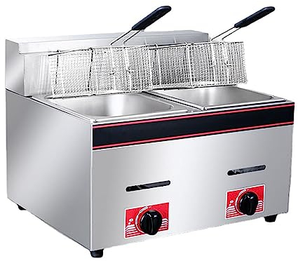 HASMI Freidora de Gas, Dos Cestas, Extra Grande, Comercial y Doméstica, con 2 Cestas y Tapa, para Restaurante y Uso Doméstico, 20L, Acero Inoxidable