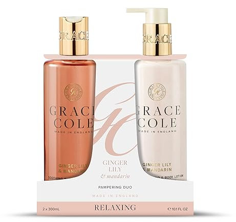Grace Cole Coffret cadeau Duo de soins corporels parfumés au lys gingembre et à la mandarine 1 gel douche et bain 300 ml, 1 lotion pour les mains et le corps 300 ml – Huiles essentielles – Végétalien