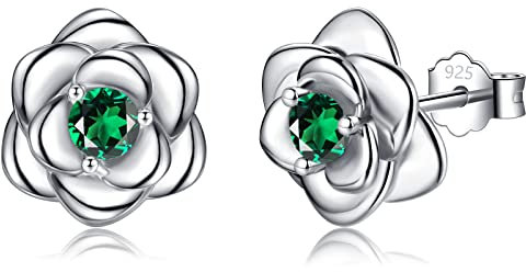 Silver Stud Earrings for Women Girls, Rose Flower Sterling Silver Studs Earrings with Green Cubic Zirconia│White Gold Plated Dainty Romantic Earrings Jewellery Gifts