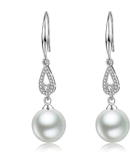 Perlenohrringe Silber 925 Hängend, 10mm Perlen Ohrringe Hängend Silber 925 Ohrhänger Lange mit Perlen für Damen Frauen Mädchen(Round B)