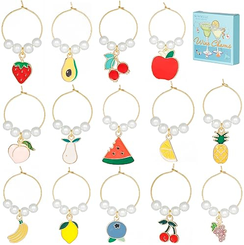 SUNNYCLUE 1 Box 14 Sets Wine Glass Charms Thanksgiving Enamel Fruit Wine Glass Markers Charm Drink Identifiers Glass Identification Beading Hoops Wine Rings for Glasses Charms Christmas Party Favor UK