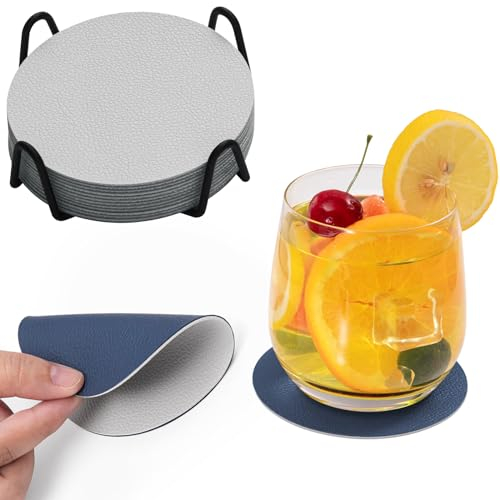 Chitomars Untersetzer Gläser 12er Set, Doppelseitigen Untersetzer Gläser Glasuntersetzer Getränkeuntersetzer rutschfest Untersetzer Leder Kunstleder Untersetzer Lederoptik Untersetzer (Blau Hellgrau)