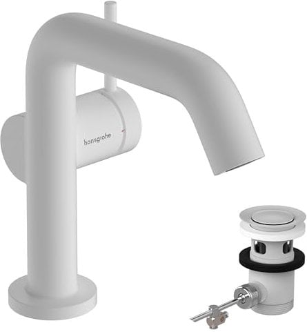hansgrohe Tecturis S Fine - Waschtischarmatur mit Zugstange, energiesparend (CoolStart), Wasserhahn Bad mit Auslauf Höhe 110mm, Mischbatterie Waschbecken wassersparend (EcoSmart+), Mattweiß