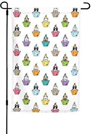 Gartenflaggen Lustige Französische Bulldoggen in bunten Taschen Premium Yard Flagge Tier Hund Niedlich Aquarell Malerei Urlaub Party Flagge Outdoor Bauernhaus Dekor Home Veranda Flaggen 30,5 x 45,7 cm