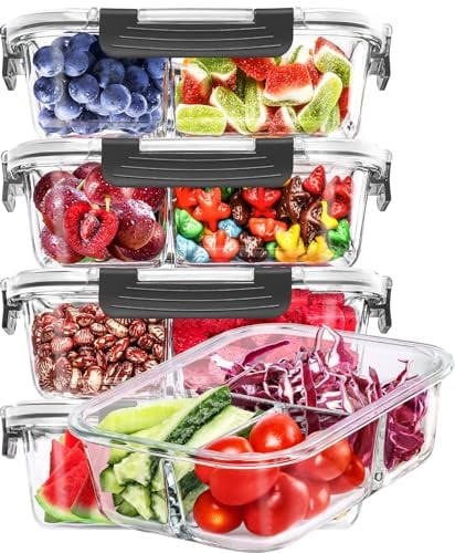 Skroam Lot de 5 boîtes alimentaires hermétiques en verre à 3 compartiments, Contenant en Verre avec Couvercles pour Organiseurs de Garde-manger et de Rangement, sans BPA