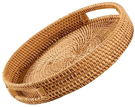 Round Rattan Woven Serving Tray, 13.8 Decorative Trays for Coffee Table, Woven Wicker Tray with Handle Rustic Bread Baskets for Drink Breakfast Tea Candle