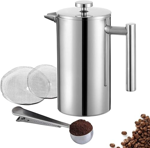 Kitchen Stars 350ml Stainless Steel French Press Tea Coffee Maker Cafetiere - 3 Cups of Coffee Tea - Plunger + 2 Free Mesh Filters + Free Steel Measuring Spoon + Integrated Bag Clip