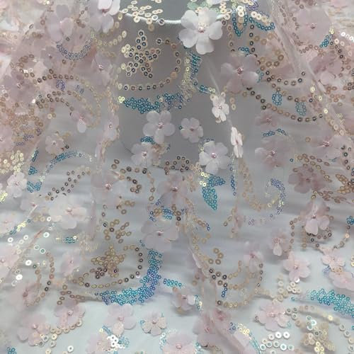 130 cm x 1 yard tessuto con paillettes al metro, tessuto luccicante 3D con paillettes, filato in tulle, decorazione per il fai da te, abiti da sposa, colore rosa chiaro