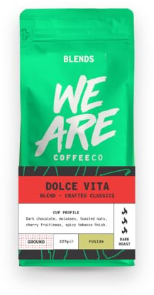 We Are Coffee Co Dolce Vita Dark Roast Ground Coffee for Cafetiere, 227g, Rich and Smooth Crafted Blend, Small Batch Roasted in Glasgow