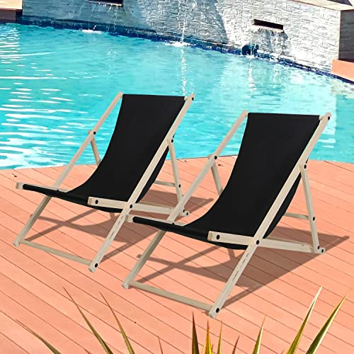 Ikodm 2er Set Liegestuhl klappbar Holz,120kg max Gartenliege Klappbar Verstellbar Liegestuhl Garten wetterfest Sonnenliege Holz Relaxliege Garten für Camping Balkon Pool,Schwarz