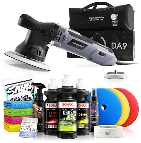 Poliermaschinen Set: chemicalworkz DA9 Exzenter Poliermaschine + Sonax Politur Set + Royal Pads Premium Polierpads + Dr. Wack Lackversiegelung + Zubehör | 14-teilig