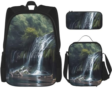OUSIKA 3 Pcs Waterfall Print Backpack Sets Casual Daypack with Lunch Box Pencil Case for Women Men