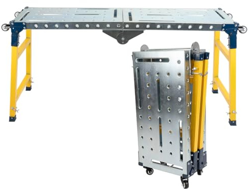 CStern 2 in 1 Werkstatttisch,Schweißtisch,35x140cm Verzinkte Tischplatte,Werkbank Klappbar,Tragbar Klappwerkbank,Spanntisch,Höhenverstellbar Arbeitsplattform(70-110cm),mit Rollen,Tragkraft 500KG