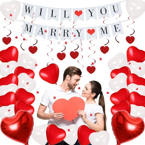 46 Stück Heiratsantrag Deko Verlobung Deko Herzluftballons Hochzeitsdeko Rosenblätter Marry Me Deko für Vorschlag Verlobung Hochzeit Valentinstag Überraschung Vorschlag Dekoration