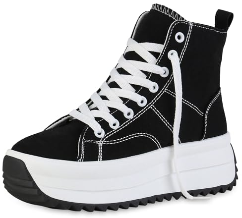 VAN HILL Damen Plateau Sneaker Keilabsatz Plateau Vorne Trendy Schuhe 215224 Schwarz Trendy 38