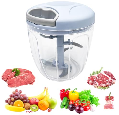 Fousenuk Picadora Manual con Cuerda, 900 ml Picador de Verduras Manual, Mini Picadora Cebolla con 5 Cuchillas de Acero Inoxidable, Triturador de Alimentos, Trituradora de Alimentos Manual (Azul)