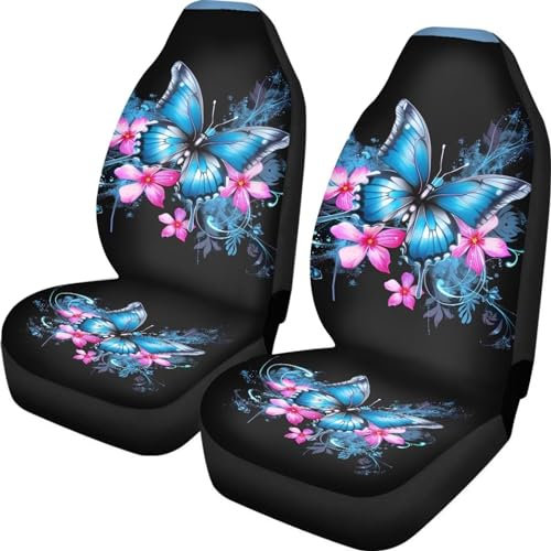 Showudesigns Autositzbezüge für Damen, Motiv: Blaue Schmetterlinge und Blumen, dekoratives Vordersitzbezüge, komplettes Set mit 2 Stück, Universalgröße für Autos, LKWs und SUVs, Autozubehör