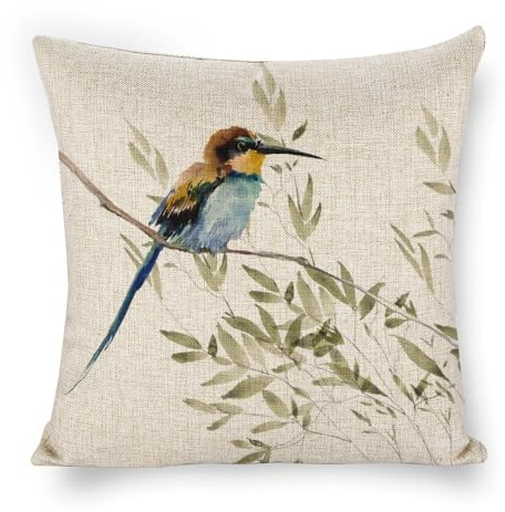 Icotoibabie Kissenbezüge mit langem Schwanz, Eisvogel im Bambuswald, Leinen, Hawaii, Boho, Bauernhaus-Kissen für Sofa, Auto, Bürostuhl, Raumdekoration, 45,7 x 45,7 cm
